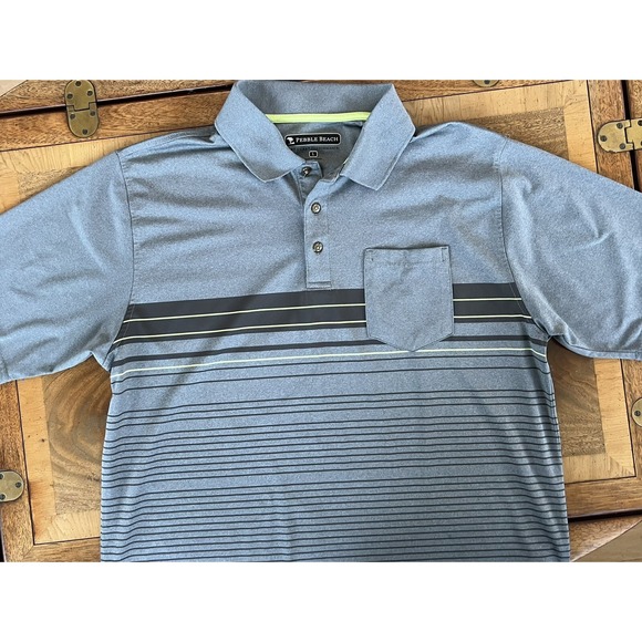 Pebble Beach Dry-Luxe‎ Large Golf Polo Shirt Grey w/ Black Stripes - Picture 2 of 7